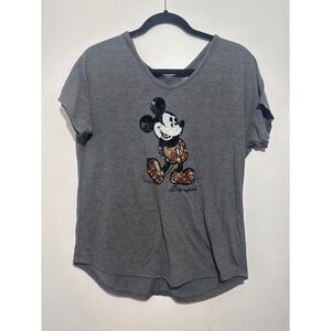 Disney Mickey Mouse Sequin Disneyland V Neck T Shirt Women's XS Gray